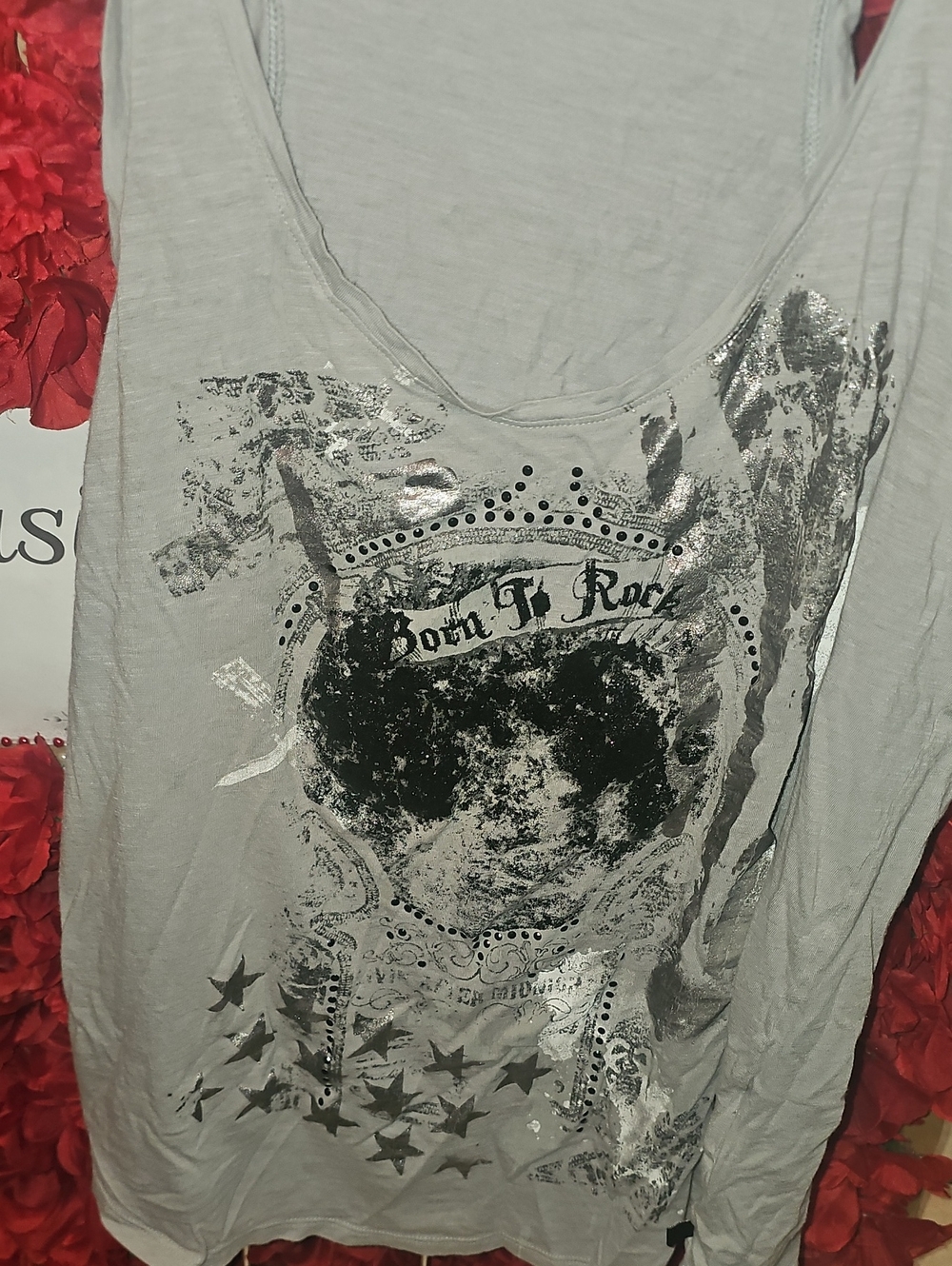 Rock & Republic Light Gray Graphic Tank with Silver Accents Size Large